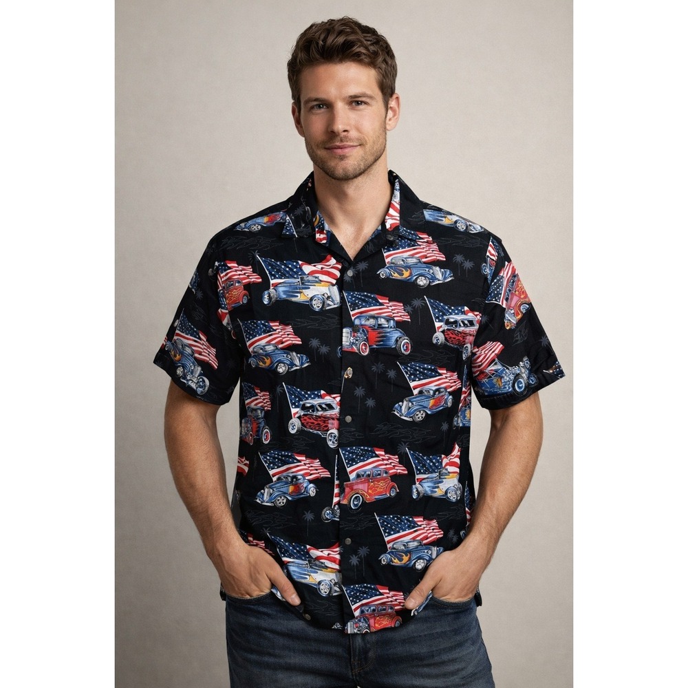 Vtg‎ High Seas Trading Co Hot Rod Shirt XXL Black USA Flag Classic Car Americana